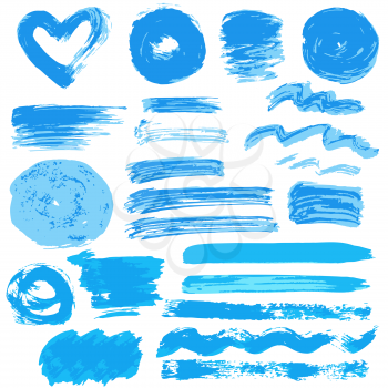 Collection of blue paint, ink, brush strokes, brushes, lines, grungy. Waves, circles, sun, heart. Freehand drawing Dirty elements of decoration boxes frames Vector