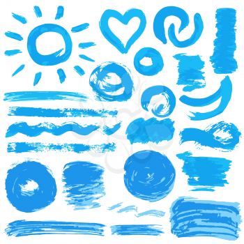 Collection of blue paint, ink, brush strokes, brushes, lines, grungy. Waves, circles, sun, heart. Freehand drawing Dirty elements of decoration boxes frames Vector illustration