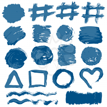 Collection of blue paint, ink, brush strokes, brushes, lines, grungy. Waves, circles, sun, heart. Dirty elements of decoration, boxes, frames Vector illustration Isolated over white background Freehand drawing