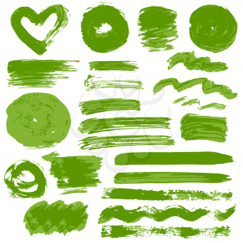 Collection of green paint, ink, brush strokes, brushes, lines, grungy. Waves, circles, hearts. Dirty elements of decoration boxes frames Freehand drawing