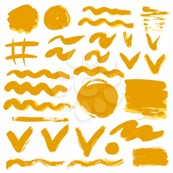 Collection of orange paint, ink, brush strokes, brushes, lines, grungy. Waves, circles. Dirty elements of decoration boxes frames Freehand drawing