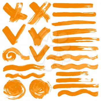 Collection of orange paint, ink, brush strokes, brushes, lines, grungy. Waves, circles Freehand drawing elements of decoration