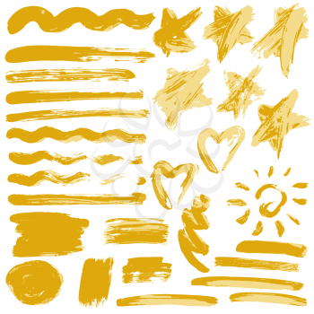 Collection of orange paint, ink, brush strokes, brushes, lines, grungy. Waves, circles, sun, star. Dirty elements of decoration, boxes, frames Vector illustration Isolated over white background Freehand drawing