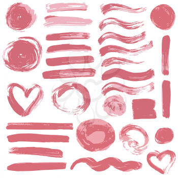Collection of pink paint, ink, brush strokes, brushes, lines, grungy. Waves circles decoration elements boxes frames