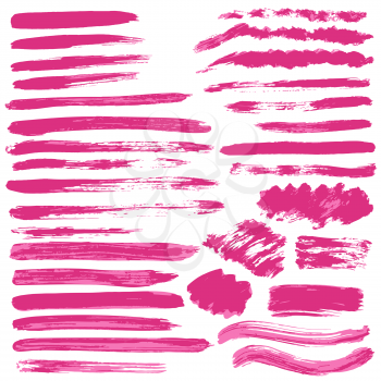 Collection of pink paint, ink, brush strokes, brushes, lines, grungy. Waves, circles. Dirty elements of decoration, boxes frames Vector illustration Freehand
