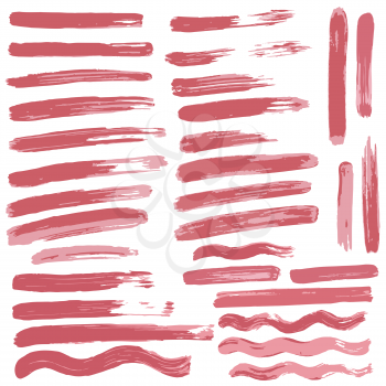 Collection of pink paint, ink, brush strokes, brushes, lines, grungy. Waves, circles. Dirty elements of decoration, boxes, frames. Vector illustration Isolated over white background Freehand drawing