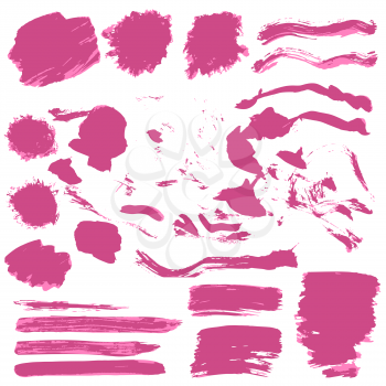Collection of pink paint, ink, brush strokes, brushes, lines, grungy. Waves, circles Messy decoration elements boxes frames Isolated