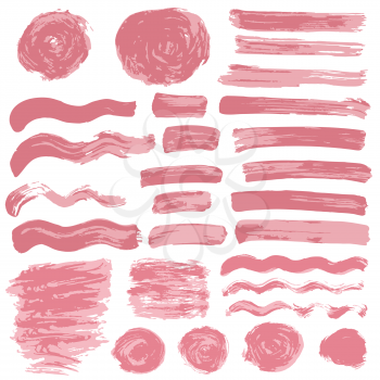 Collection of pink paint, ink, brush strokes, brushes, lines, grungy. Waves, circles, Messy decoration elements, boxes frames Isolated over white background