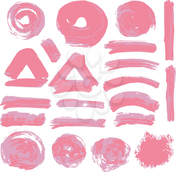 Collection of pink paint, ink, brush strokes, brushes, lines, grungy. Waves, circles, Messy decoration elements, boxes, frames. Vector illustration Isolated over white background Freehand drawing