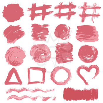 Collection of pink paint, ink, brush strokes, brushes, lines, grungy. Waves, circles, sun, heart. Messy decoration elements, boxes, frames Vector illustration Isolated over white background Freehand drawing