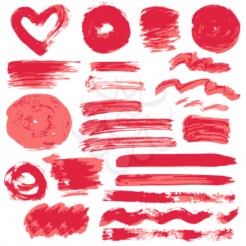 Collection of red ink, ink, brush strokes, brushes, lines, grungy. Waves, circles, sun, heart. Messy decoration elements, boxes, frames Vector illustration Isolated over white background Freehand drawing