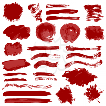 Collection of red ink, ink, brush strokes, brushes, lines, grungy. Messy decoration elements, boxes Isolated vector illustration