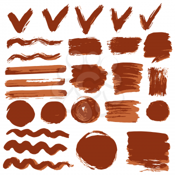 Collection of red ink, ink, brush strokes, brushes, lines, grungy. Waves, circles, Messy decoration elements, boxes, frames Vector illustration Isolated over white background