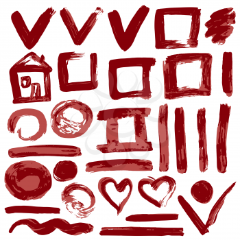 Collection of red ink, ink, brush strokes, brushes, lines, grungy. Waves, circles. Messy decoration elements, boxes, frames Vector illustration Isolated over white background Freehand