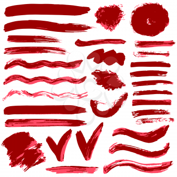 Collection of red ink, ink, brush strokes, brushes, lines, grungy. Waves, Messy decoration elements, boxes frames Isolated vector illustration