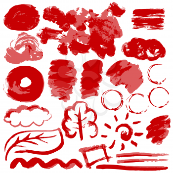 Collection of red ink, ink, brush strokes, brushes, lines, grungy. Waves, Messy decoration elements, boxes, frames Vector illustration Isolated over white background