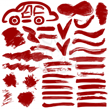 Collection of red ink, ink, brush strokes, brushes, lines, grungy. Waves, Messy decoration elements, boxes, frames. Vector illustration Isolated over white background Freehand
