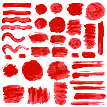 Collection of red ink, ink, brush strokes, brushes, lines, grungy. Waves, Messy decoration elements, boxes, frames Vector Isolated over white background