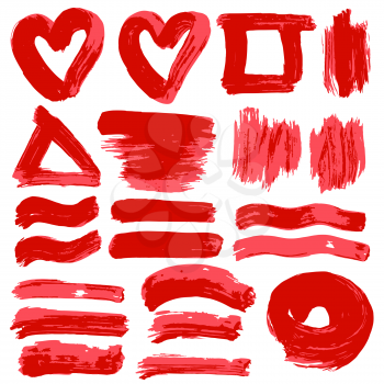 Collection of red paint, ink, brush strokes, brushes, lines, grungy. Dirty elements of decoration, boxes, frames. Vector illustration. Isolated over white background Freehand