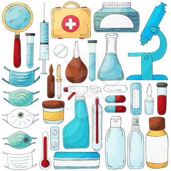 Collection of vector illustrations. Laboratory assistant doctor tools set in hand draw style. Analysis tools, virus search. Doctor's case