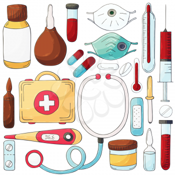 Collection of vector illustrations. Set of doctor's tools in hand draw style. Ambulance doctor tools, medical case, medications, stethoscope
