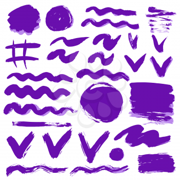 Collection of violet paint, ink, brush strokes, brushes, lines, grungy. Waves, circles Dirty elements of decoration boxes frames