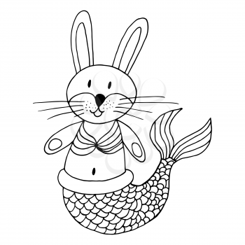 Contour. Bunny mermaid. Marine theme icon in hand draw style. Cute childish illustration of sea life. Icon, badge, sticker, print for clothes