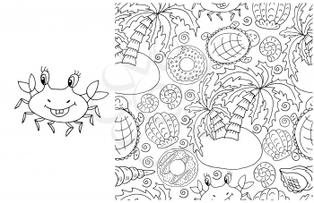 Contour Element Set and Seamless Pattern. ideal for children's clothing. Crab and background with marine elements. Cute illustrations