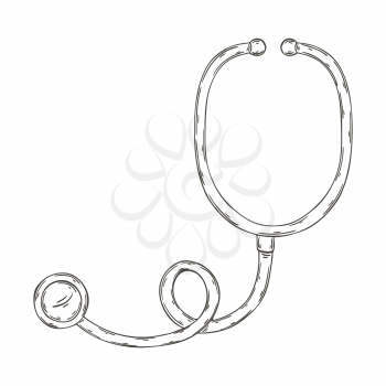 Contour Medical icon. Vector illustration in hand draw style. Image isolated on white background. Medical instrument. Stethoscope