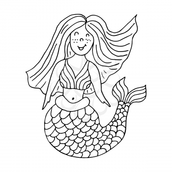 Contour. Mermaid. Marine theme icon in hand draw style. Cute childish illustration of sea life. Icon, badge, sticker, print for clothes
