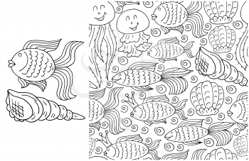 Contour Set of element and seamless pattern. ideal for children's clothing. Fishes, seashells and marine background. Cute illustrations