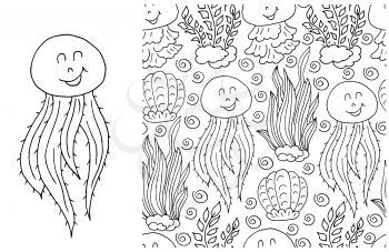 Contour Set of element and seamless pattern. ideal for children's clothing. Jellyfish and background with seashells and sea elements
