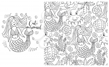 Contour Set of element and seamless pattern. ideal for children's clothing. Mermaid and background with seashells and sea elements. Cute mermaid