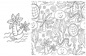 Contour Set of element and seamless pattern. ideal for children's clothing. Palm tree and background with marine elements