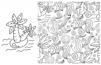 Contour Set of element and seamless pattern. ideal for children's clothing. Palm tree and background with marine elements. Cute