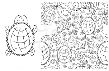 Contour Set of element and seamless pattern. ideal for children's clothing. Turtle and background with marine elements. Cute illustrations