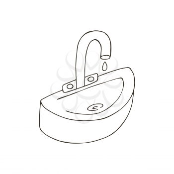 Contour Vector icon in hand draw style. Image isolated on white background. Bathroom and its components. Hygiene. Faucet with water, sink