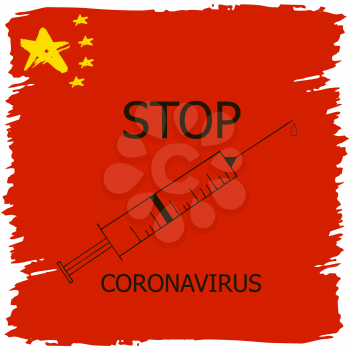 Coronavirus in China. Novel coronavirus (2019-nCoV), red background with stars and colors of Chinese flag. Concept of coronavirus quarantine. Syringe, injection Icon, Stop Coronavirus