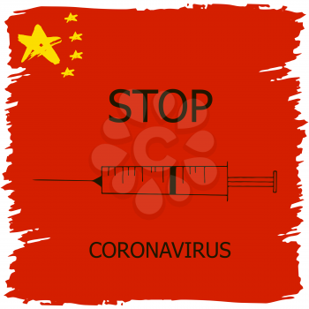 Coronavirus in China. Novel coronavirus (2019-nCoV), red background with stars and colors of Chinese flag. Concept of coronavirus quarantine. Syringe, injection, vaccine Icon, Stop Coronavirus
