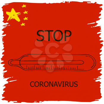 Coronavirus in China. Novel coronavirus (2019-nCoV), red background with stars and colors of Chinese flag. Concept of coronavirus quarantine. Thermometer Icon, Stop Coronavirus