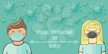 Coronovirus epidemic protective. Social Distancing. Vector background. Cartoon man and woman observe social distance