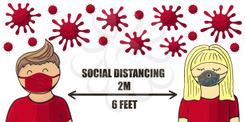 Social Distancing. Vector background. Cartoon man and woman observe social distance. Fight coronavirus