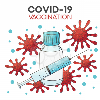 Covid-19 Coronavirus vaccine vials medicine bottles syringe vector drawing