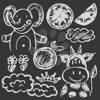 Cute childish drawing white chalk on blackboard. Pastel chalk or pencil funny doodle style vector. Elephant, cow, oranges, clouds