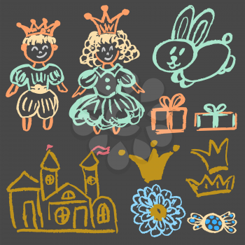 Cute childish drawing with colored chalk on a gray background. Pastel chalk or pencil funny doodle style vector. Castle, hare, king, queen