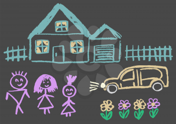Cute childish drawing with colored chalk on a gray background. Pastel chalk or pencil funny doodle style vector. Family comfort, home, fence, car, flowers