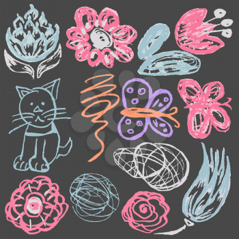 Cute childish drawing with colored chalk on a gray background. Pastel chalk or pencil funny doodle style vector. Flowers, scribbles, cat, butterflies