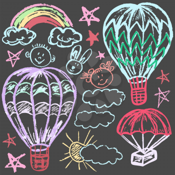 Cute childish drawing with colored chalk on a gray background. Pastel chalk or pencil funny doodle style vector. Set of balloons, parachute, clouds