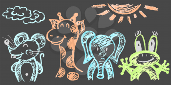 Cute childish drawing with colored chalk on a gray background. Pastel chalk or pencil funny doodle style vector. Set of beautiful animals. Mouse, giraffe, elephant, frog