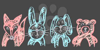 Cute childish drawing with colored chalk on a gray background. Pastel chalk or pencil funny doodle style vector. Set of beautiful animals. Squirrel, hare, rabbit, bear